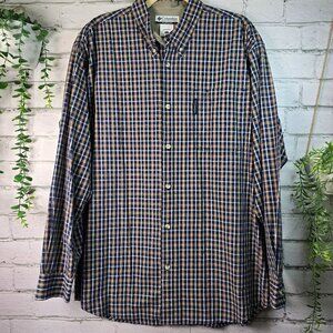 COLUMBIA MENS LONG SLEEVE PLAID BUTTON DOWN NAVY AND KHAKI PLAID SIZE LARGE EUC